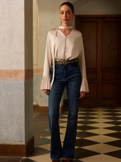V-Neck Satin Pleated Shirt With Ribbon
