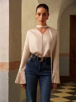 V-Neck Satin Pleated Shirt With Ribbon