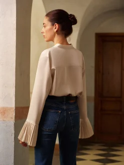 V-Neck Satin Pleated Shirt With Ribbon