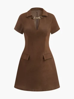 V-Neck Short Sleeve Suede Dress