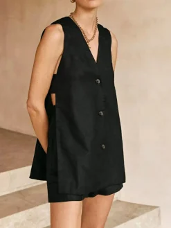 V-neck Sleeveless Vest with High-waisted Shorts Set
