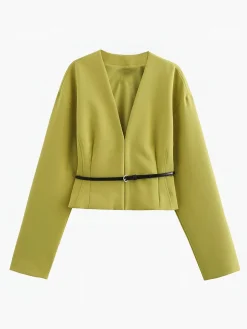 V-Neck Slim Belted Blazer
