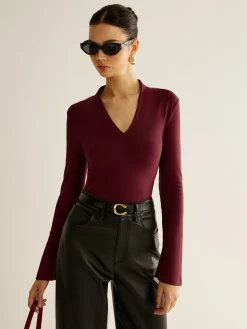 V-Neck Slit-Cuff Jersey Blouse