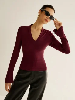 V-Neck Slit-Cuff Jersey Blouse