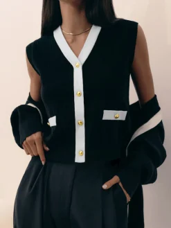 V-Neck Solid Button Knitted Vest