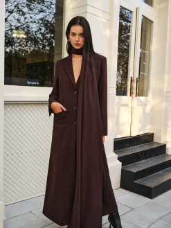 V-Neck Split Trench Coat With Scarf
