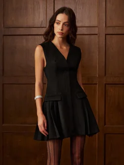 V-Neck Suede Pleated Tank Short Dress