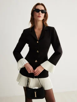 V-Neck Two-Tone Pleated Button Dress
