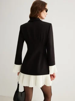 V-Neck Two-Tone Pleated Button Dress
