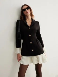 V-Neck Two-Tone Pleated Button Dress