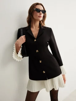 V-Neck Two-Tone Pleated Button Dress