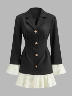 V-Neck Two-Tone Pleated Button Dress
