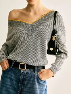 V-Neck Two-Tone Rib Knit Top