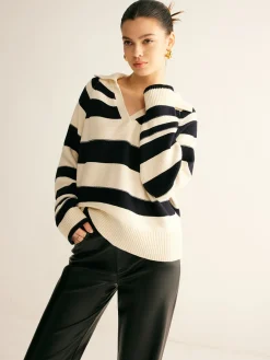 V-Neck Two-Tone Striped Polo Sweater