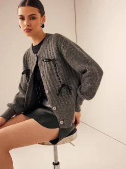 Wave Trim Bow Breasted Cardigan