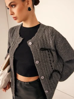 Wave Trim Bow Breasted Cardigan