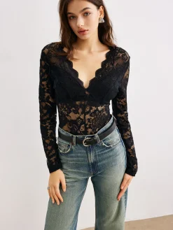 Wave Trim Lace Panel Bodysuit