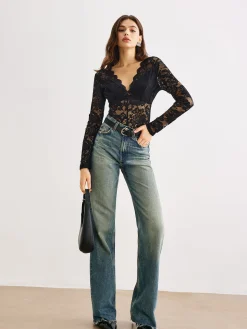 Wave Trim Lace Panel Bodysuit
