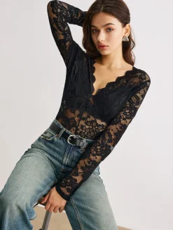 Wave Trim Lace Panel Bodysuit