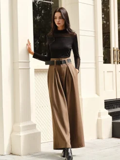 Wide-Leg Pleated Belted Pants