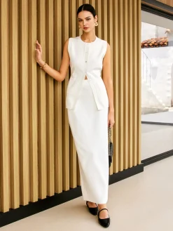 Wool Blends Knitted Split Button Skirt Set
