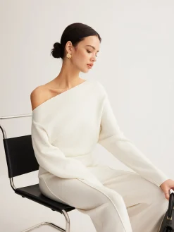 Wool-Blend Asymmetrical Neck Knit Top