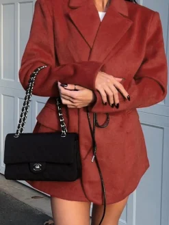 Wool-Blend Belted Blazer With Shoulder Pads