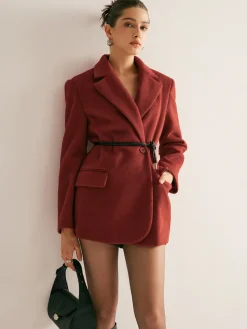 Wool-Blend Belted Blazer With Shoulder Pads