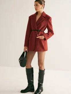 Wool-Blend Belted Blazer With Shoulder Pads