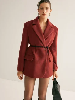 Wool-Blend Belted Blazer With Shoulder Pads
