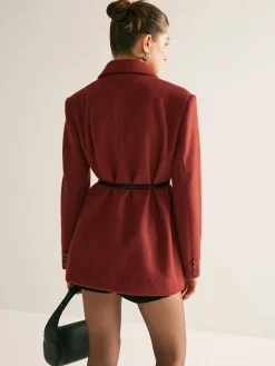 Wool-Blend Belted Blazer With Shoulder Pads