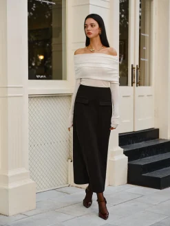 Wool-Blend Cold-Shoulder Ruched Knit Top