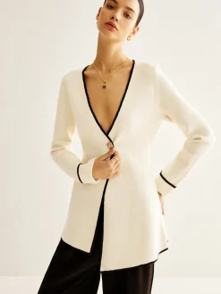 Wool-Blend Contrast Trim Slit Cardigan