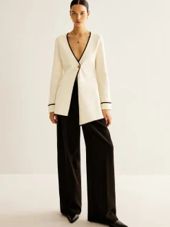 Wool-Blend Contrast Trim Slit Cardigan