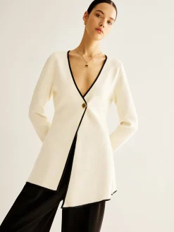 Wool-Blend Contrast Trim Slit Cardigan