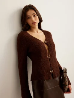 Wool-Blend Cutout Metal-Link Cardigan