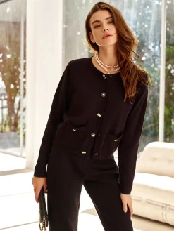 Wool-Blend Geometric-Button Cardigan