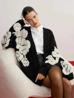 Wool-Blend Knit-Floral Cardigan