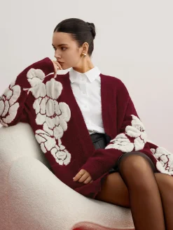 Wool-Blend Knit-Floral Cardigan