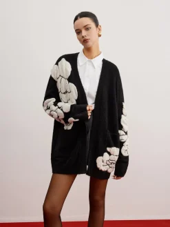 Wool-Blend Knit-Floral Cardigan
