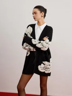 Wool-Blend Knit-Floral Cardigan