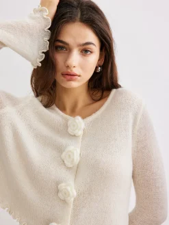 Wool-Blend Lettuce Trim 3D Flower Cardigan