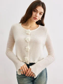 Wool-Blend Lettuce Trim 3D Flower Cardigan