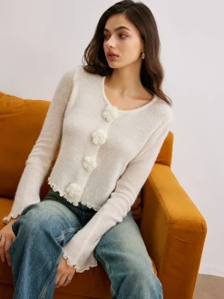 Wool-Blend Lettuce Trim 3D Flower Cardigan