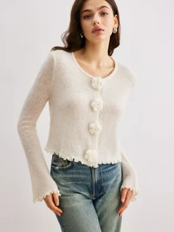 Wool-Blend Lettuce Trim 3D Flower Cardigan
