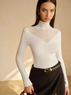 Wool-Blend Mock Neck Sheer-Detail Knit Top