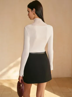 Wool-Blend Mock Neck Sheer-Detail Knit Top