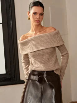 Wool-Blend Plain Off-Shoulder Sweater
