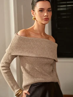 Wool-Blend Plain Off-Shoulder Sweater