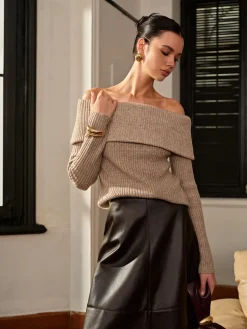 Wool-Blend Plain Off-Shoulder Sweater